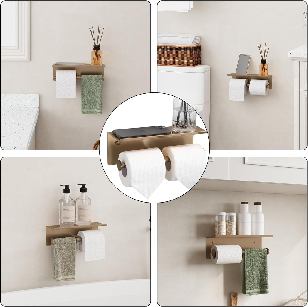 Double Toilet Paper Holder with Shelf Champagne Gold Wall Mount