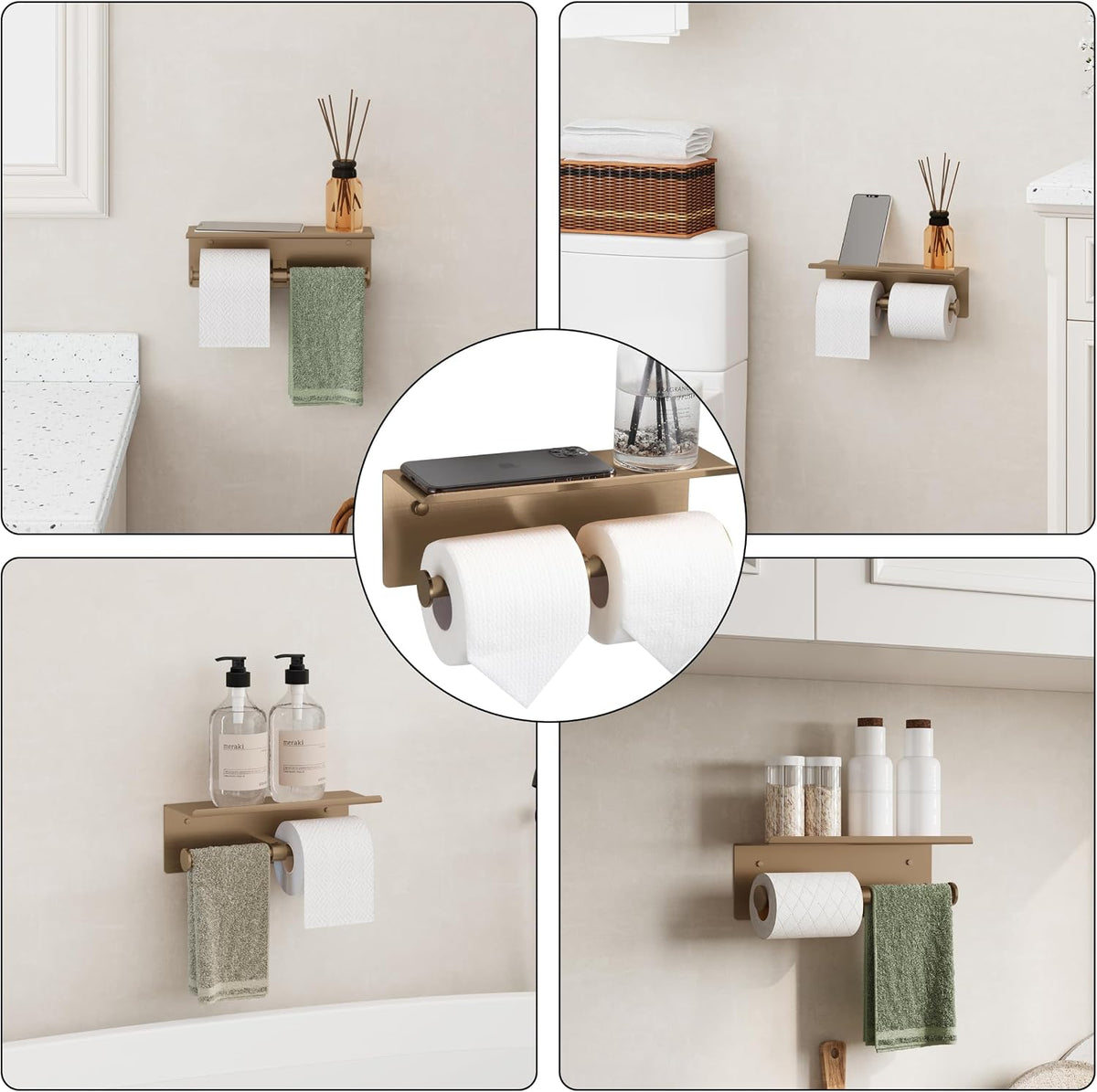 Double Toilet Paper Holder with Shelf Champagne Gold Wall Mount