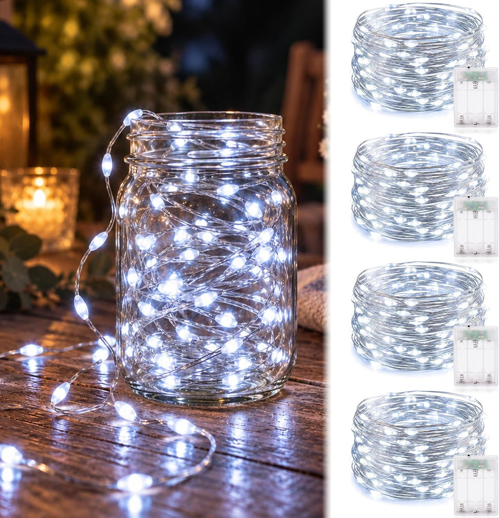 Adamonda 4 Pack Twinkle Fairy Lights Battery Operated,80FT Total (20FT per Strand), 240 Mini LEDs, IP65 Waterproof String Lights for Bedroom Christmas Party Indoor & Outdoor Decoration(Cool White)