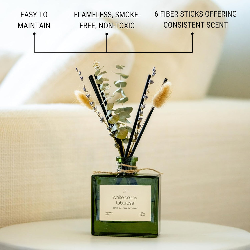 Craft & Kin Premium Mayan Copal Reed Diffuser – 3.4 oz Natural Essential Oil Diffuser for Home & Bathroom – Long-Lasting Fragrance with Rattan Scent Sticks – Green Glass Room Decor