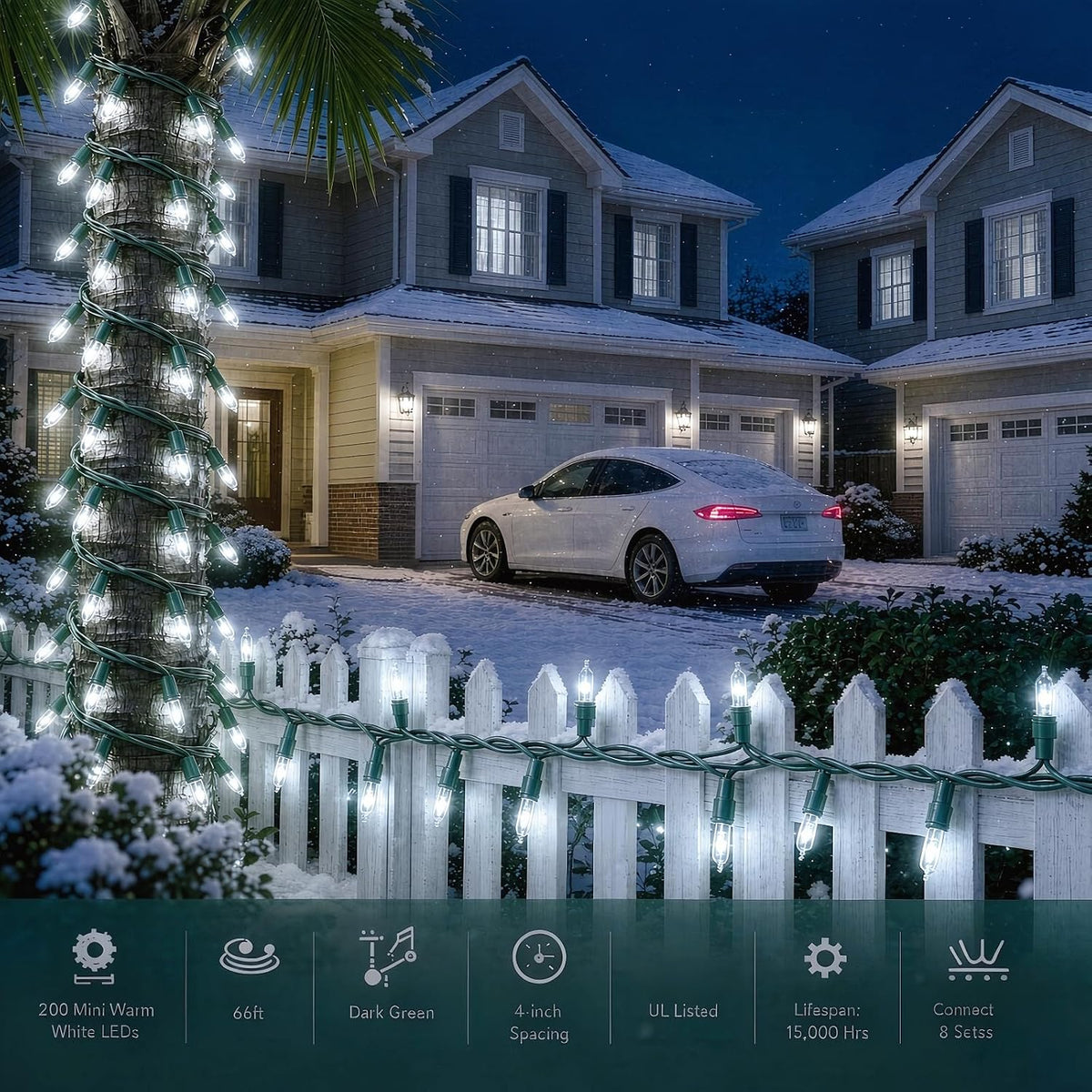 200 LED Cool White Christmas Lights, UL Certified and Commercial Green Wire String Lights 66ft, for Indoor and Outdoor Winter, Wedding, Garden, Patio.