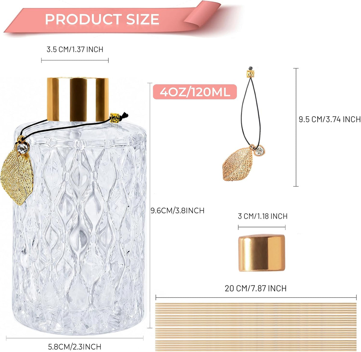 Glass Reed Diffusers Bottles for Home, Diffuser Bottles with Reed Diffuser Sticks Set, Vintage Embossed Apothecary Style Flower Bud Vases with Cork Lids, Set of 6