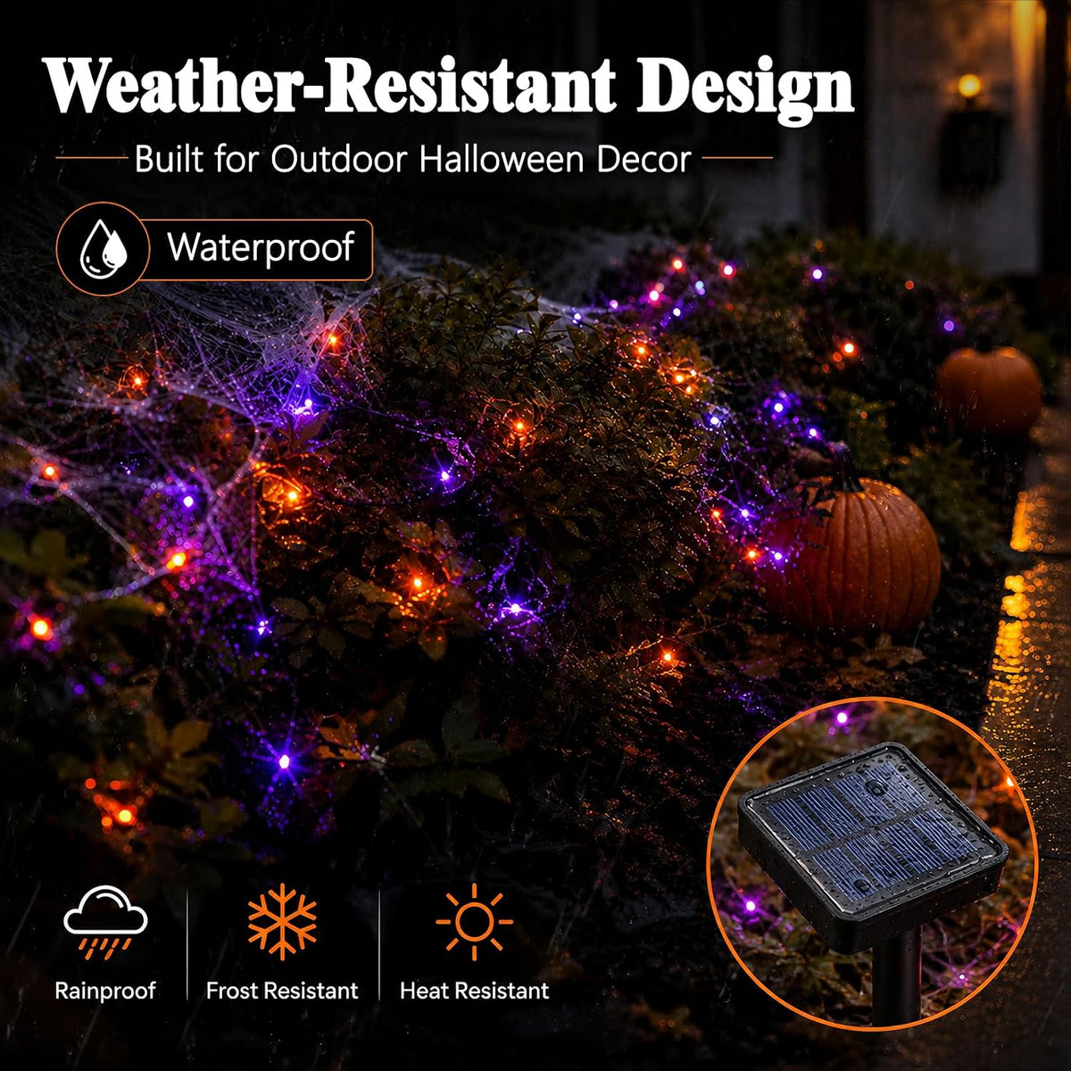 cshare Halloween Solar String Lights Outdoor, Orange Purple Solar Fairy Lights 2 Pack 16.4FT 50 LED Each, 8 Modes Waterproof Black Wire Fairy Lights for Yard Porch Fence Tree Bushes Decor