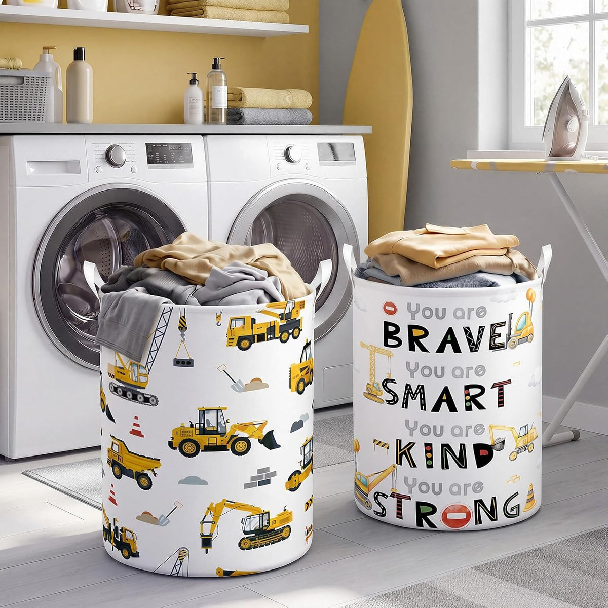 2 Pcs Construction Laundry Hamper Basket Construction Room Decor Large 19.7x14.6 Inch Round Collapsible Excavator Truck Toy Clothes Storage Organizer for Bedroom Decor Playroom