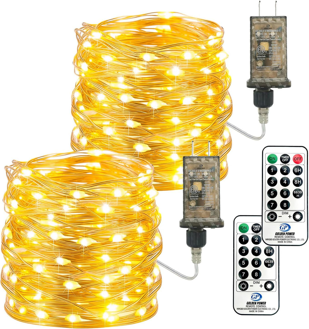 2-Pack Fairy Lights Plug in, 33ft 100 LED(Total 66ft 200 LEDs) with Remote