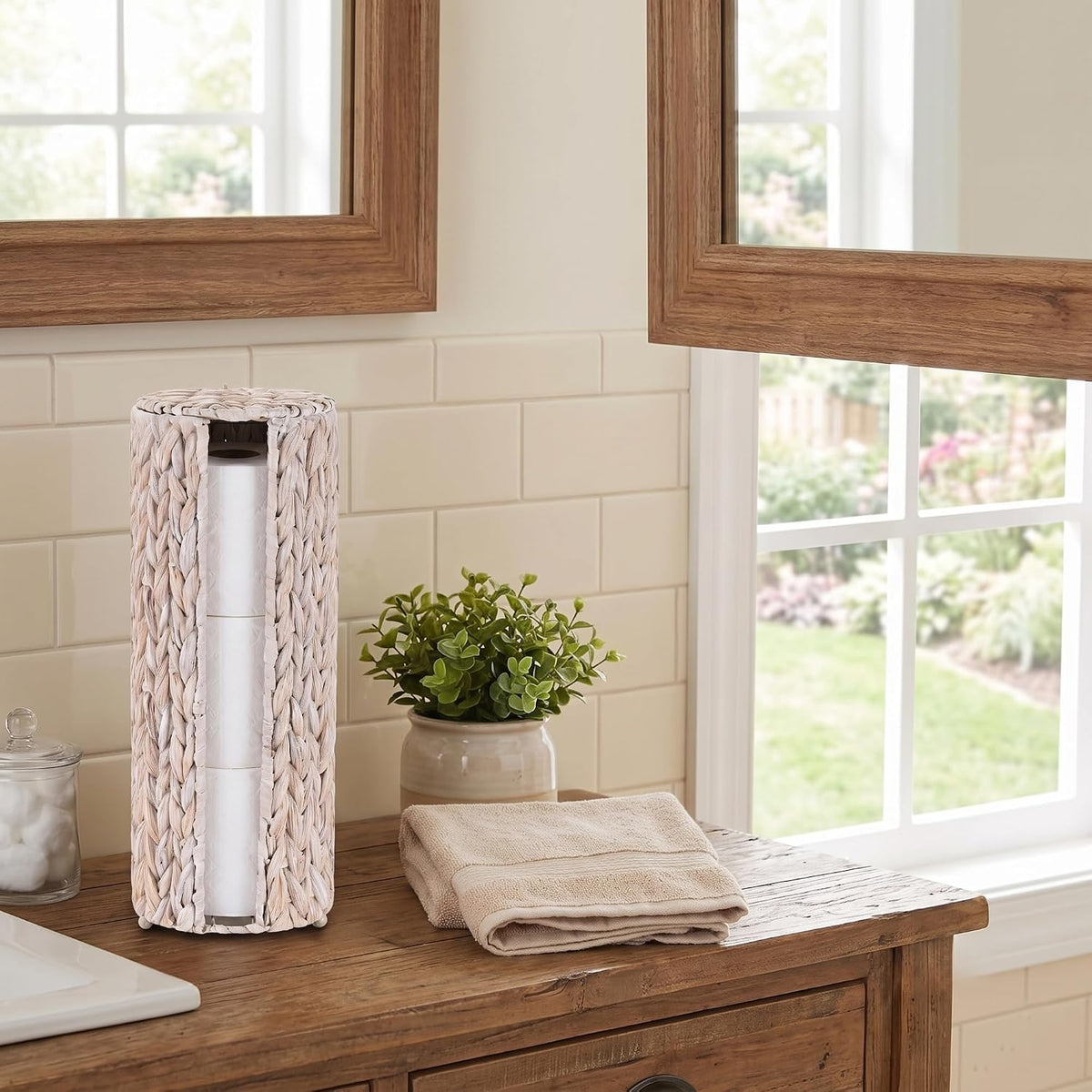 PINXIURY Water Hyacinth Paper Roll Holder, Wicker Toilet Paper Holder Stand for Bathroom, Toilet Roll Holder Stand for Bathroom and Under Sink, 3 Rolls of Toilet Paper Storage, Whitewash
