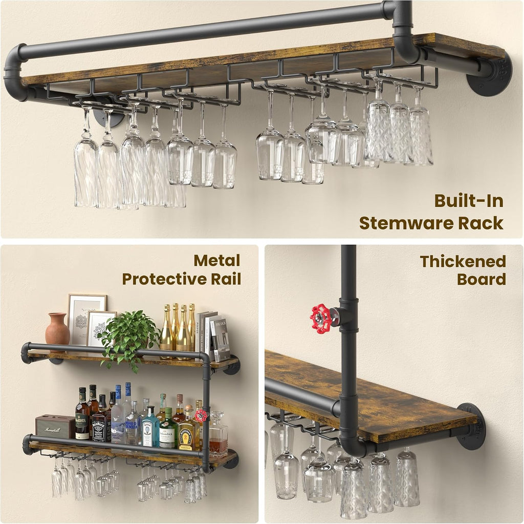 Merapi 2 Tier Floating Shelf Wine Rack with Stemware Holder