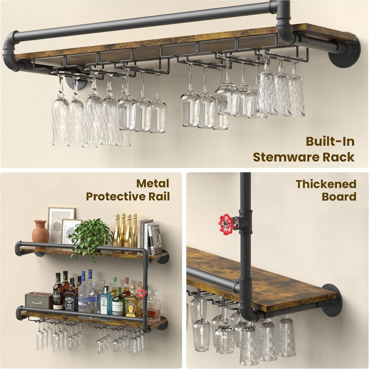 Merapi 2 Tier Floating Shelf Wine Rack with Stemware Holder