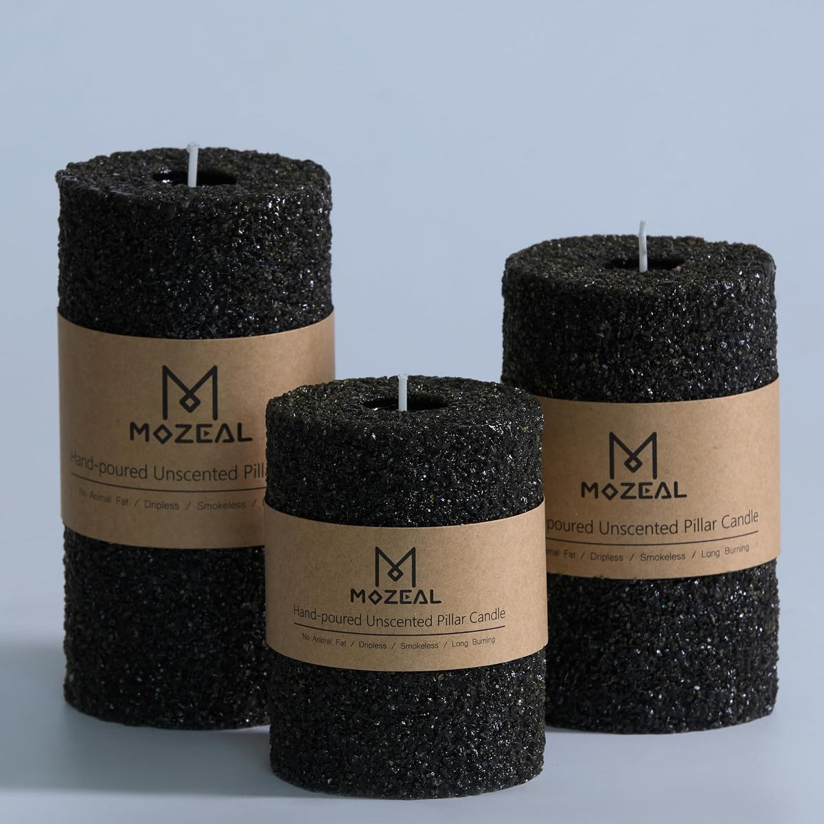 MOZEAL Hand-Poured Granular Texture Decorative Black Pillar Candles Set of 3 (3"x4", 5", 6"),Approx 300 Hours Burn Time Dripless, Unscented, Smokeless, for Halloween