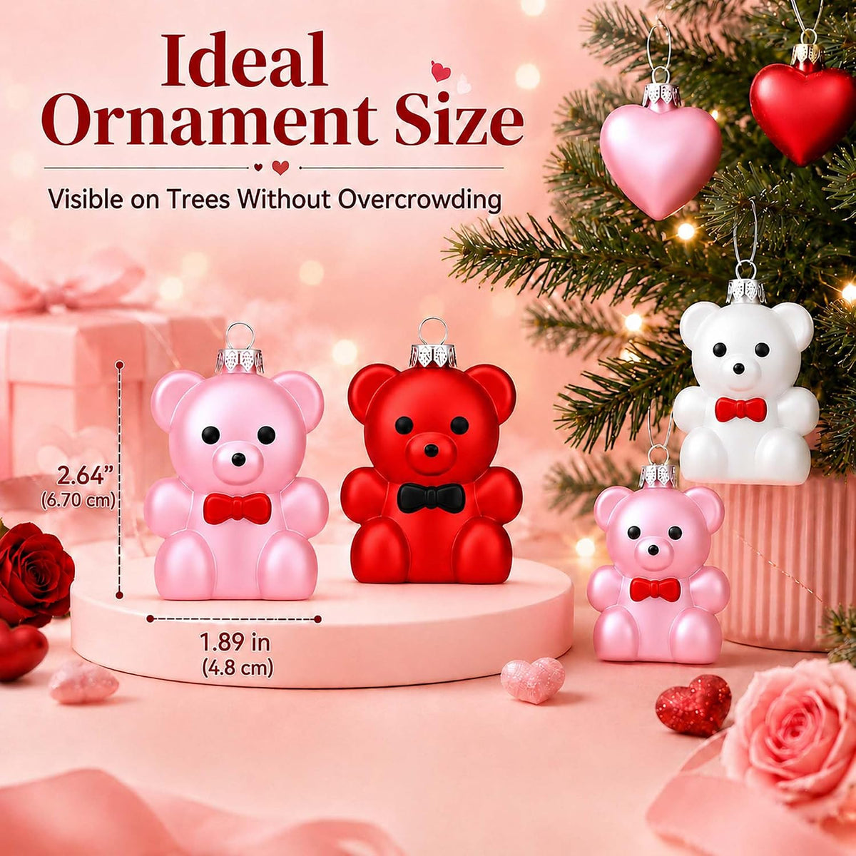 Set of 12 Valentines Tree Decorations, Bear Ornaments for Valentine Tree, Small Red Pink White Ornaments for Christmas Tree, Plastic Hanging Decorations for Party Wedding Anniversary Decor