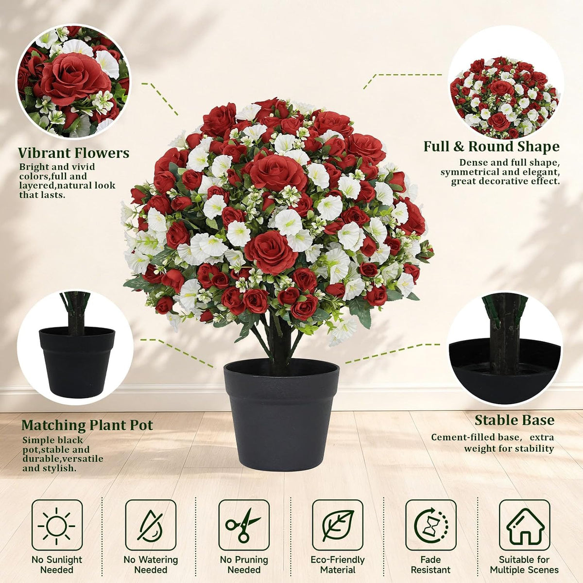 24" Artificial Potted Flowers for Outdoors, Silk Rose Faux Plants