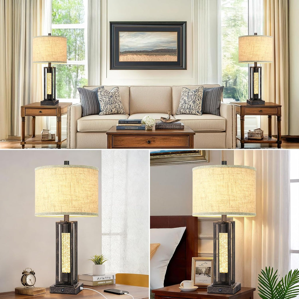TOBUSA 26" Bronze Farmhouse Table Lamps Set of 2 with Crystal Night Light