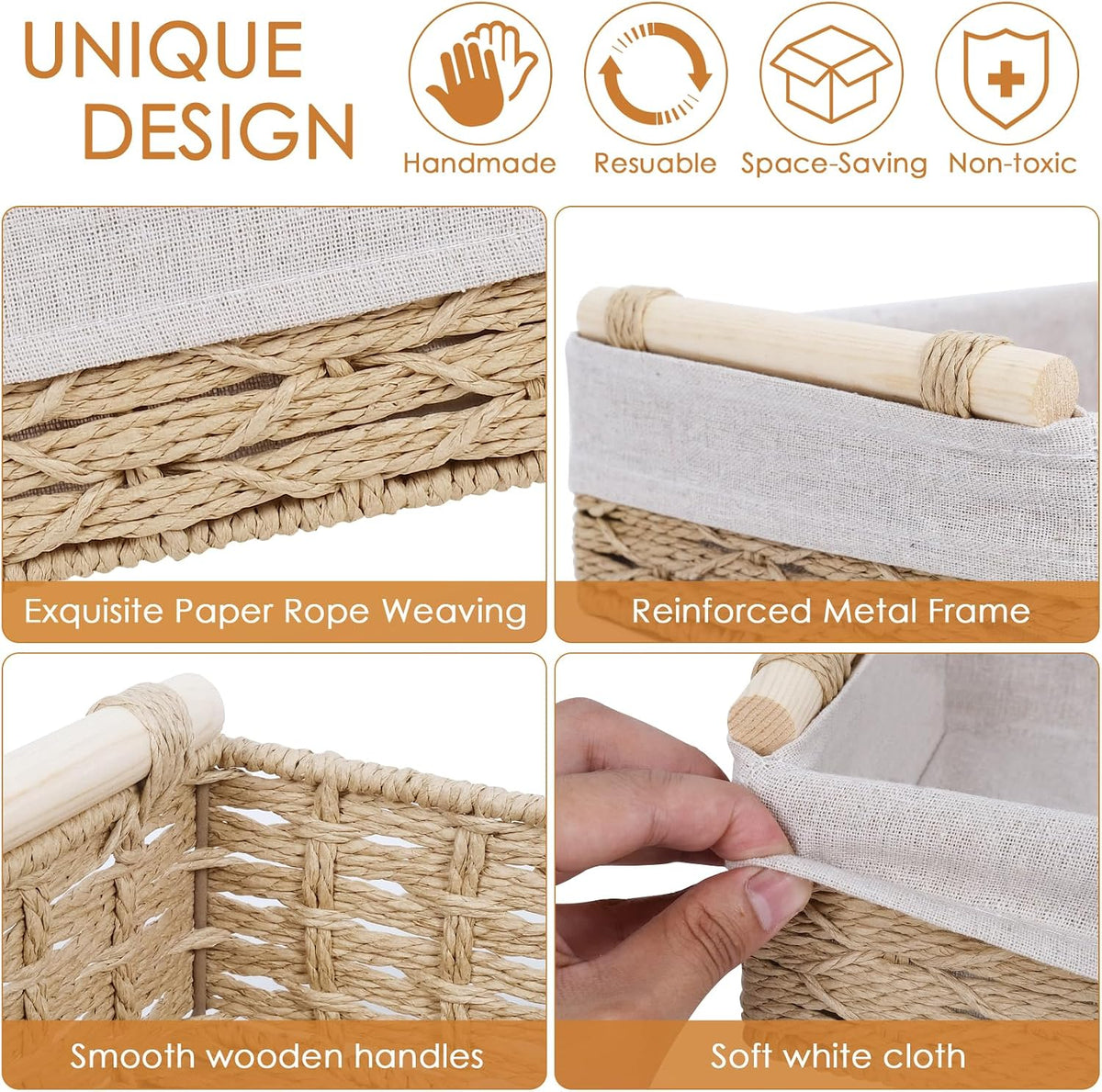 Wicker Storage Basket with Wooden Handle – Paper Rope Decorative Toilet Paper Baskets & Bathroom Organizer for Toilet Tank Top, Shelves, Bedroom, Countertop,Home,Office Storage Bins, 2 Pack,Beige