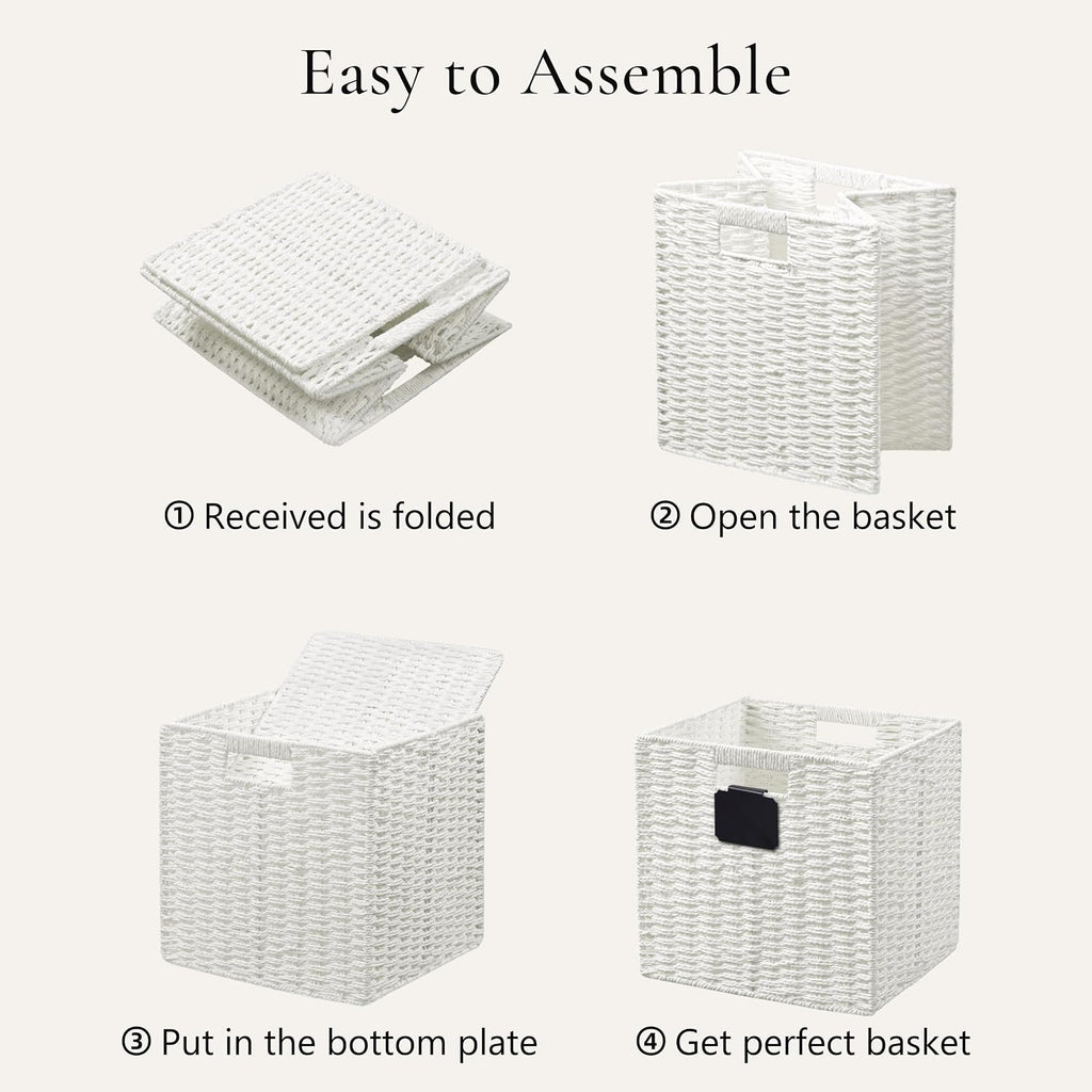 UBBCARE 2 Pack Wicker Basket, 10.5×10.5 Storage Cubes with Label, Foldable Cube Storage Bin with Handle, Square Storage Basket for Shelves, Woven Paper Rope Basket for Organizing, White