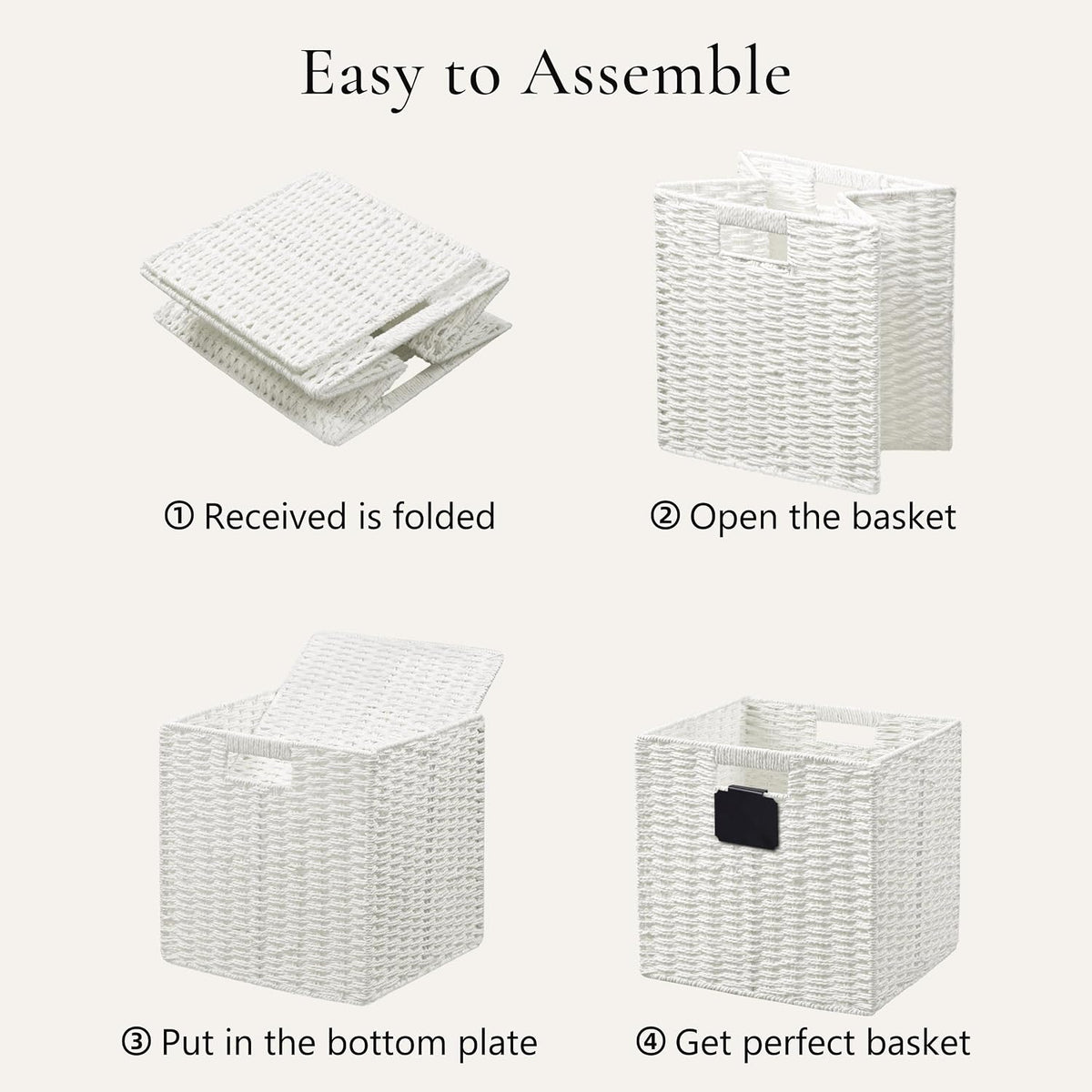 UBBCARE 2 Pack Wicker Basket, 10.5×10.5 Storage Cubes with Label, Foldable Cube Storage Bin with Handle, Square Storage Basket for Shelves, Woven Paper Rope Basket for Organizing, White