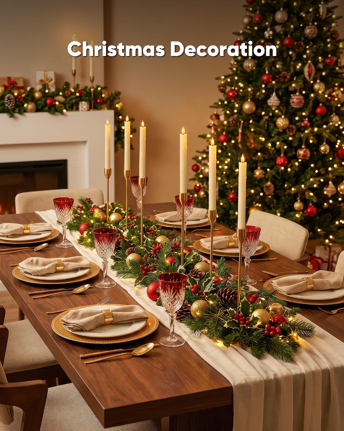 9.6 Inches Waxy Flameless Taper Candles, Dripless Fake Candlesticks with Timer, Ivory LED Candle with 3D Flickering Flame for Christmas Kitchen Fireplace Table Home Decor, 3 PCS