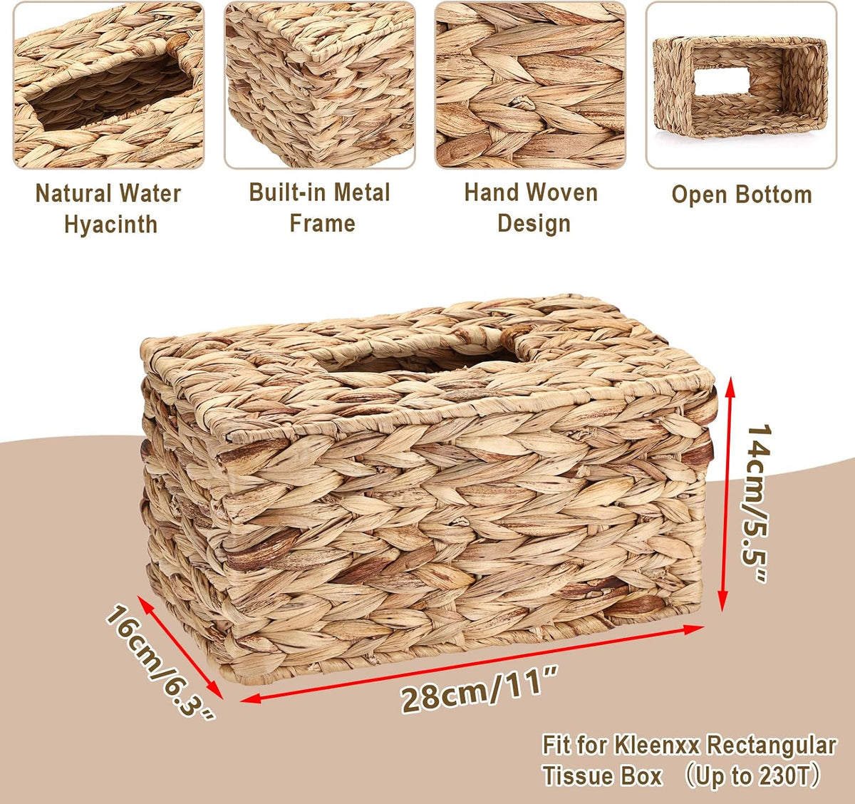 Sumnacon Rectangular Tissue Box Cover, Water Hyacinth Wicker Tissue Holder, Farmhouse Rustic Woven Tissue Dispenser with Open Bottom for Bathroom Kitchen Counter Toilet Desk Office Car, Natural (L)
