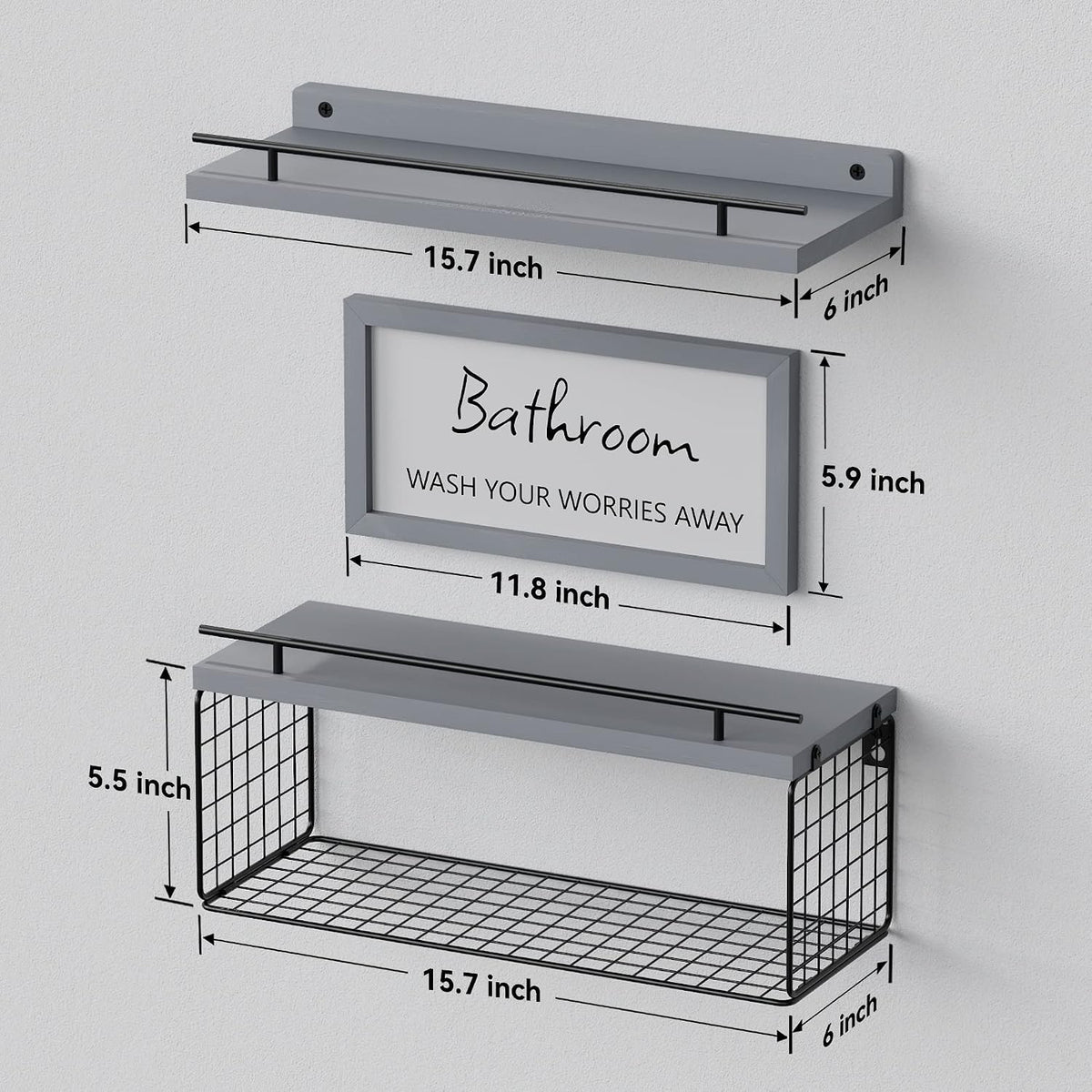 WOPITUES Floating Shelves for Bathroom Decor Art, Modern Grey