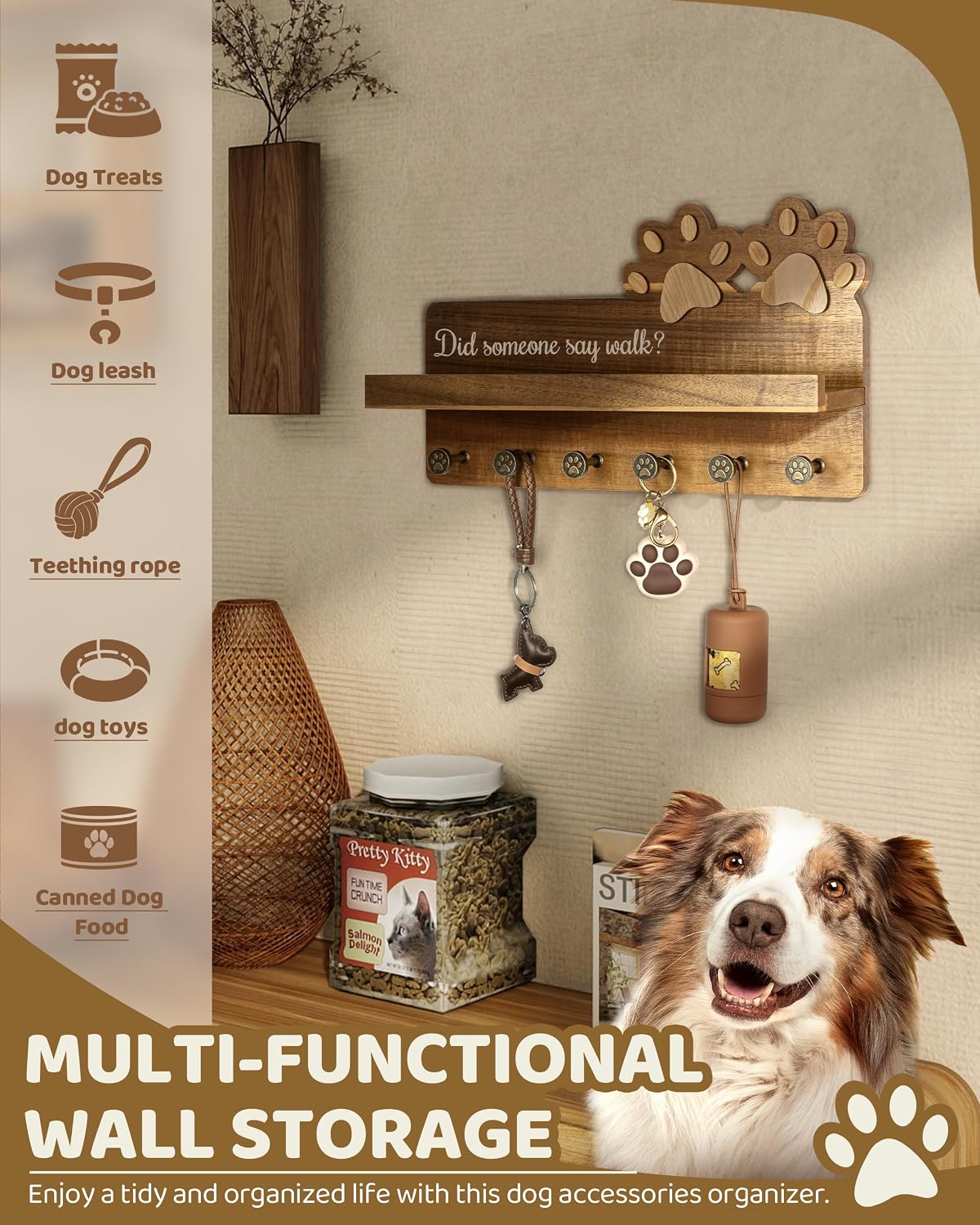 MTERSN Acacia Wood Dog Leash Holder for Wall with Shelf & 6 Hooks, Brown