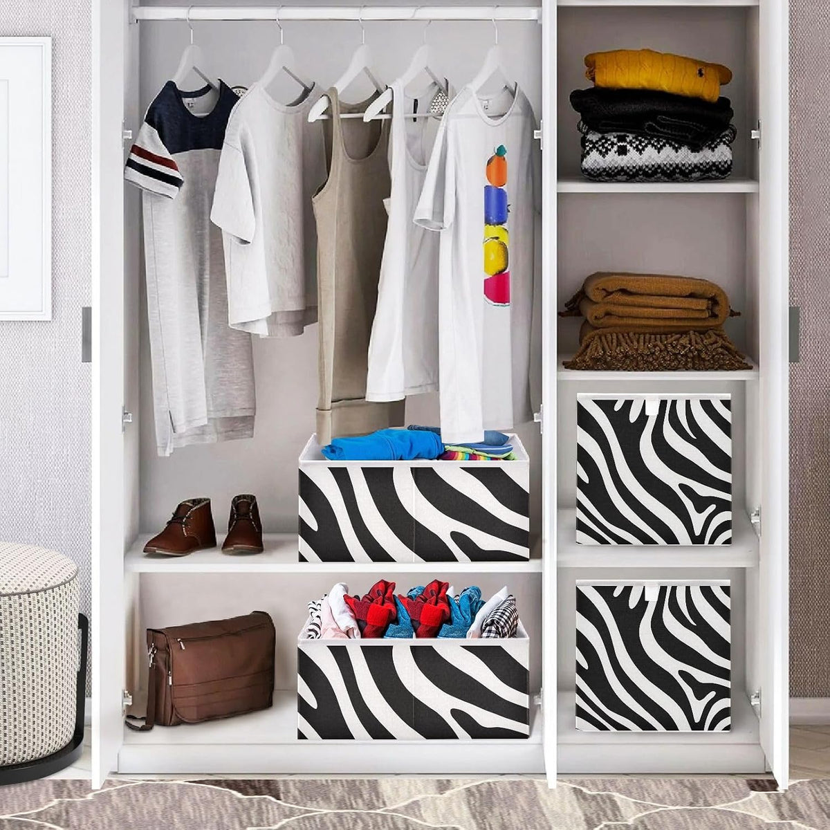 Black and White Zebra Print Cube Storage Bins Collapsible Fabric Storage Baskets Large Clothes Organizer Box for Bedroom Living Room Study Room 11×11×11 In