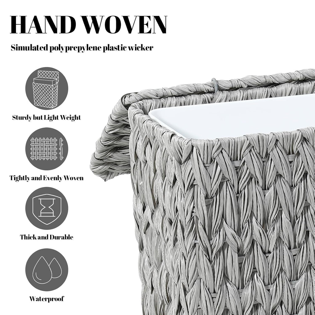 Coeusy Wicker Trash Can with Lid & Liner, Small Bathroom Waste Basket, Grey