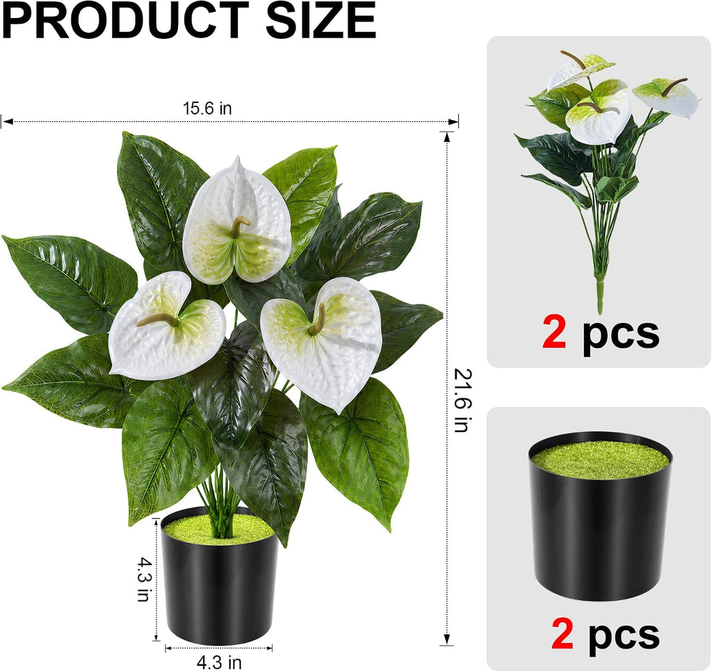 Anthurium Artificial Flowers with Pots, 2 Pack Fake Flowers Potted Faux Outdoor Plants, UV Resistant Realistic Faux Tropical Greenery for Planters Inside Porch Patio Yard (White, 21.6")