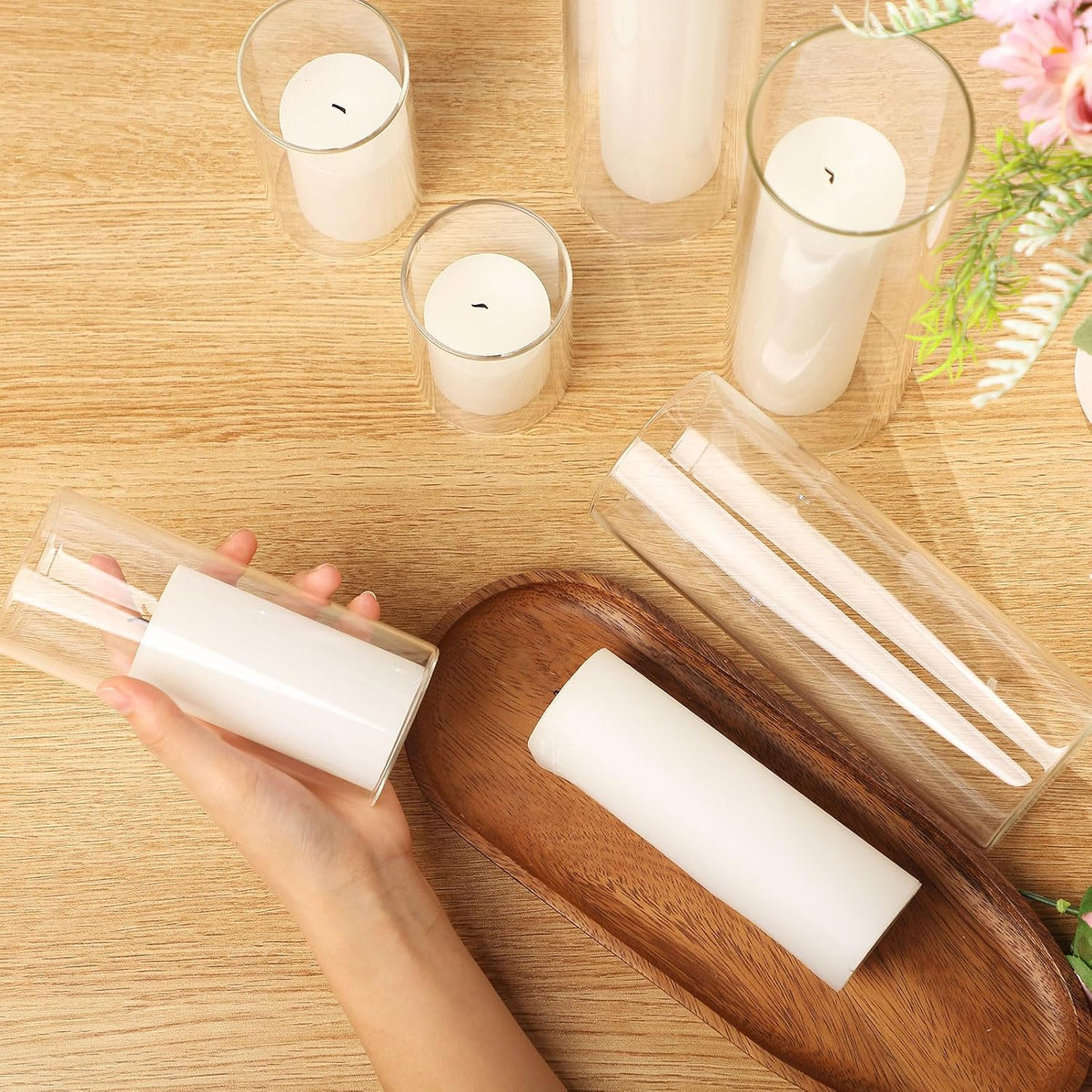 Shihanee 6 Glass Cylinder Vase Pillar Candle,White,Set of 6