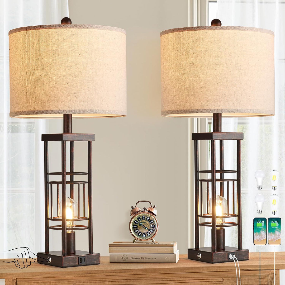 Reaketon Table Lamp for Living Room Set of 2 with USB Charging Ports, 3-Way Dimmable 27.6" Farmhouse Lamps for Bedroom, Rustic Bedside Lamp, Industrial Nightstand Lamps, Bulbs Included