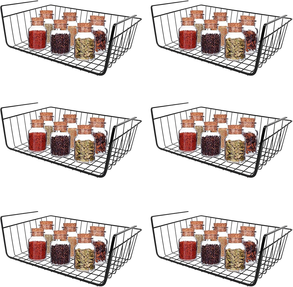 Under Shelf Baskets for Storage, Under Shelf Wire Basket Carbon Steel Basket Under Cabinet Shelf, Welding Joints, Baking Finish, Easy to Install without Holes, 6 PCS, Black