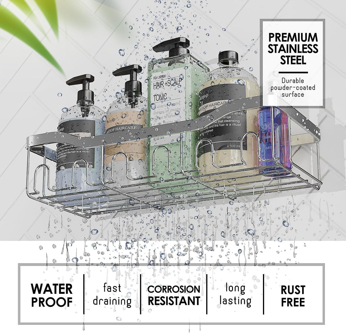 Clara Clark Shower Caddy Adhesive Organizer - Large Capacity Shower Rack, Rustproof Stainless Steel Shelves for Bathroom Storage & Home Decor