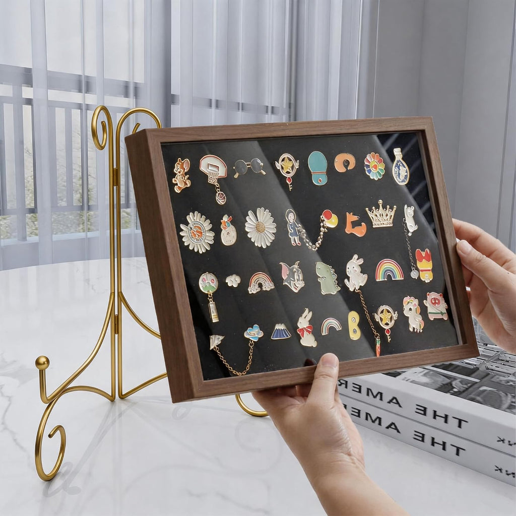 Pin Display Case with Gold Stand for Medal & Jewelry Pin Collection – Wall-Mounted or Desktop Shadow Box with Sliding Acrylic Door, 12.6 x 8.7 x 1.26 inches, Brown Wood Frame