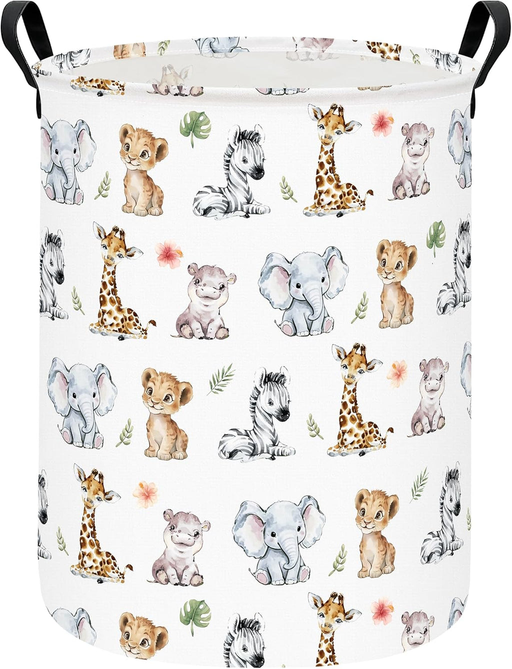 Round Collapsible Laundry Hamper with Handles, Jungle Animal Print