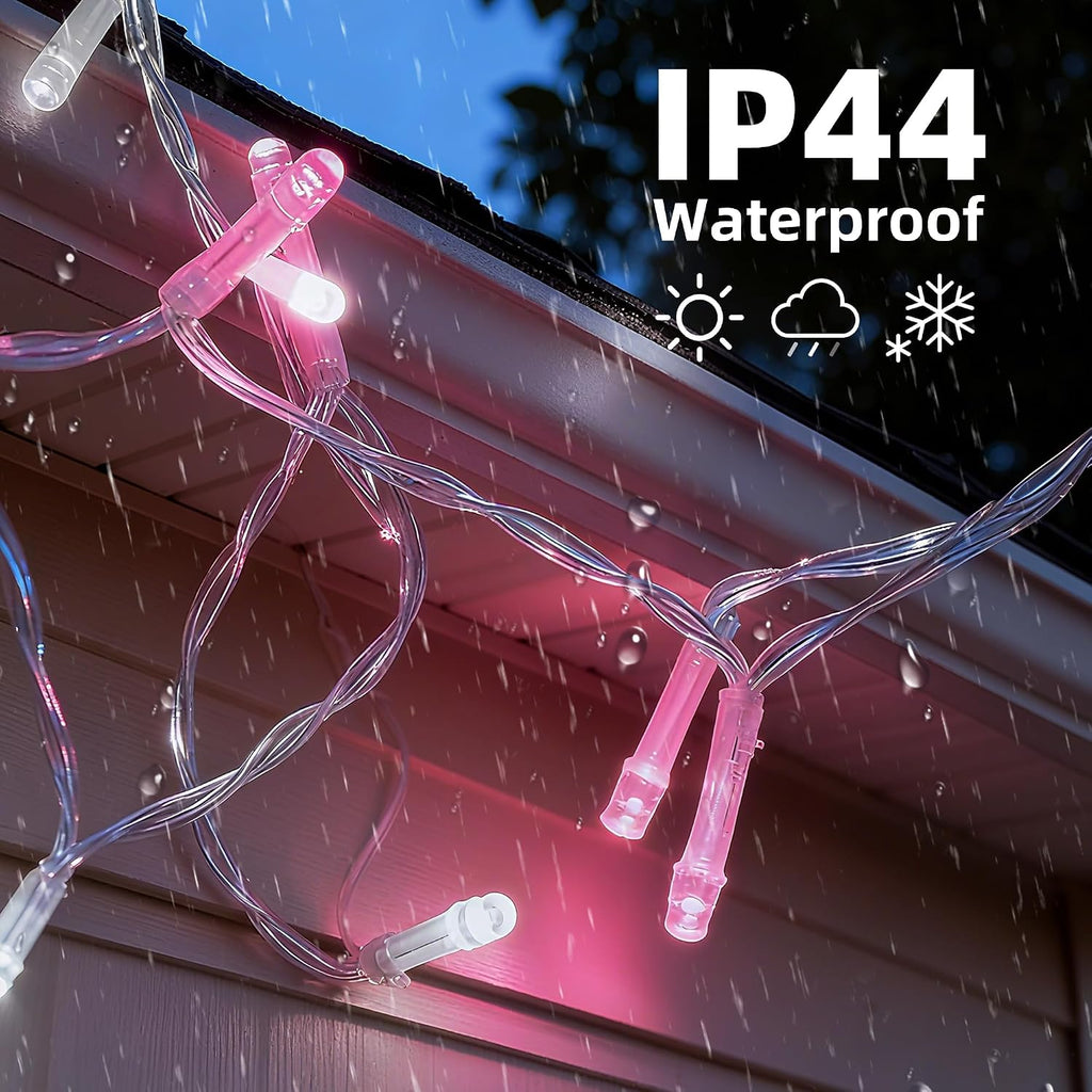 WISD Christmas Lights 43ft 200 LED Fairy String Lights with 12 Modes and Memory, Plug in String Lights for Indoor Outdoor Christmas Tree Home Garden Wedding Party Decoration, Pink+White