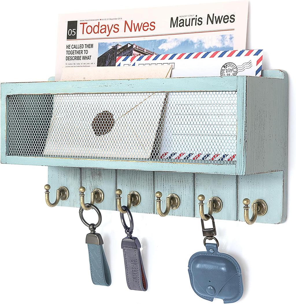 Rebee Vision Key Holder Wall Mount with Mail Basket for Home Decor, Blue