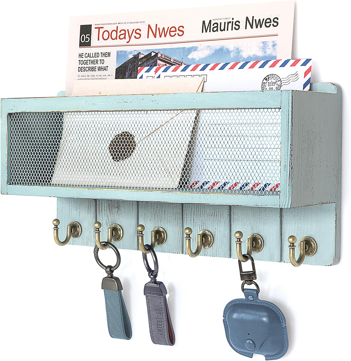 Rebee Vision Key Holder Wall Mount with Mail Basket for Home Decor, Blue