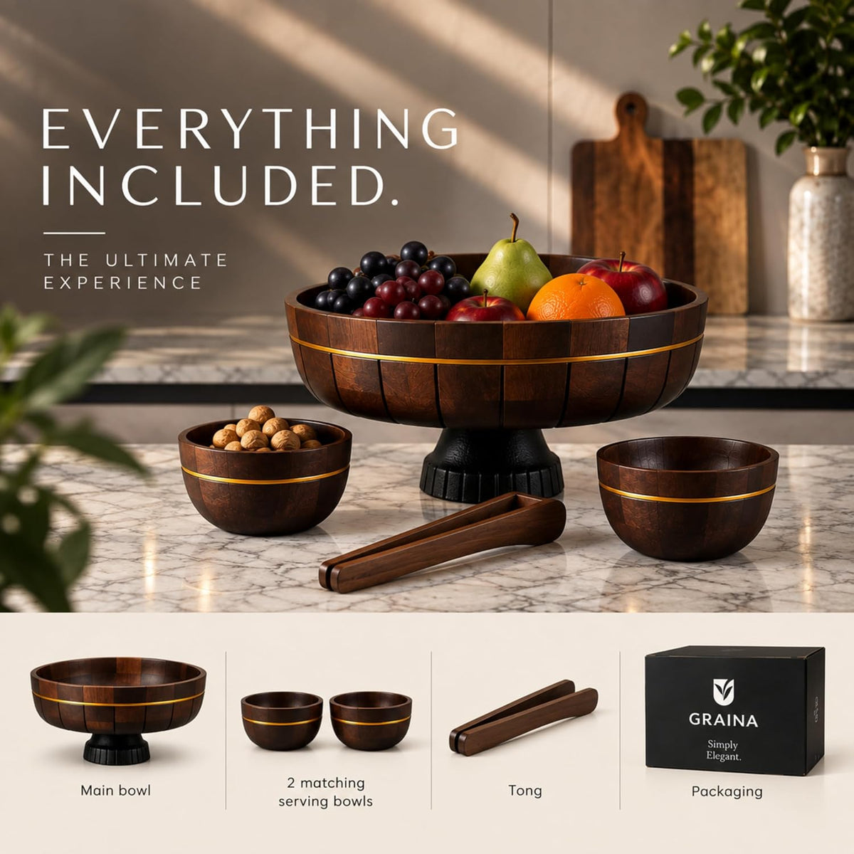4-Piece Acacia Wooden Fruit Bowl Set for Kitchen Counter, 11-Inch Large Decorative Pedestal Bowl with 2 Matching Serving Bowls & Compact 6.7-Inch Wooden Tongs, Dark Walnut Finish