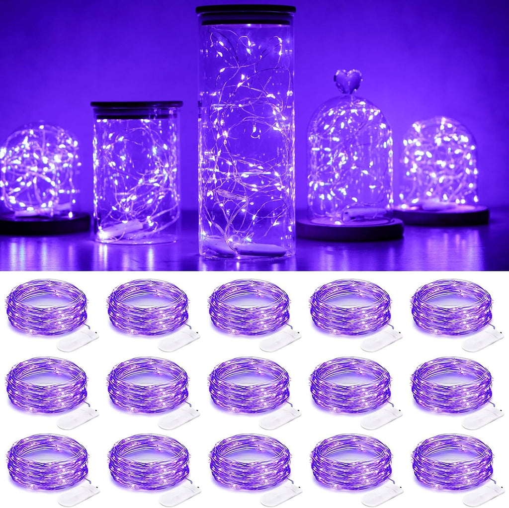 SmilingTown Fairy Lights Battery Operated Starry Firefly Silvery Wire String Lights 15 Pack 7.2ft 20 LED Jar Table Centerpiece for Wedding Christmas Halloween Party Decoration (Purple)
