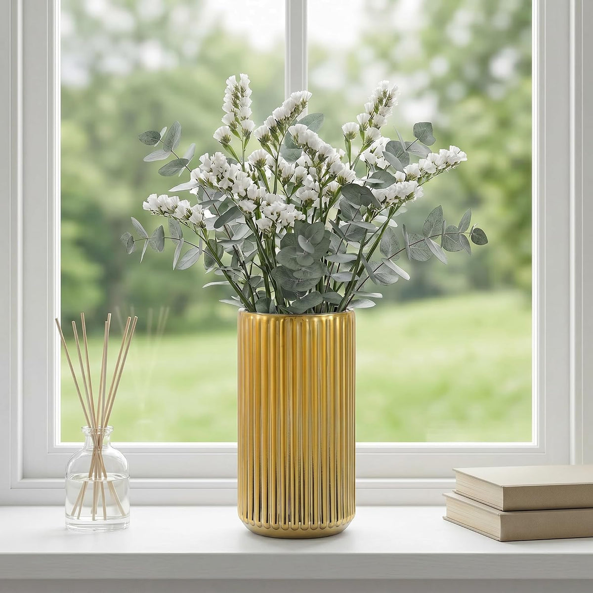 Ribbed Glass Vase,Flower Vase for Bouquet, Gold Glass Vases for Flowers, Modern Vases for Living Room, Bathroom, Dining Table, Office, Wedding, Centerpieces, 8 Inches
