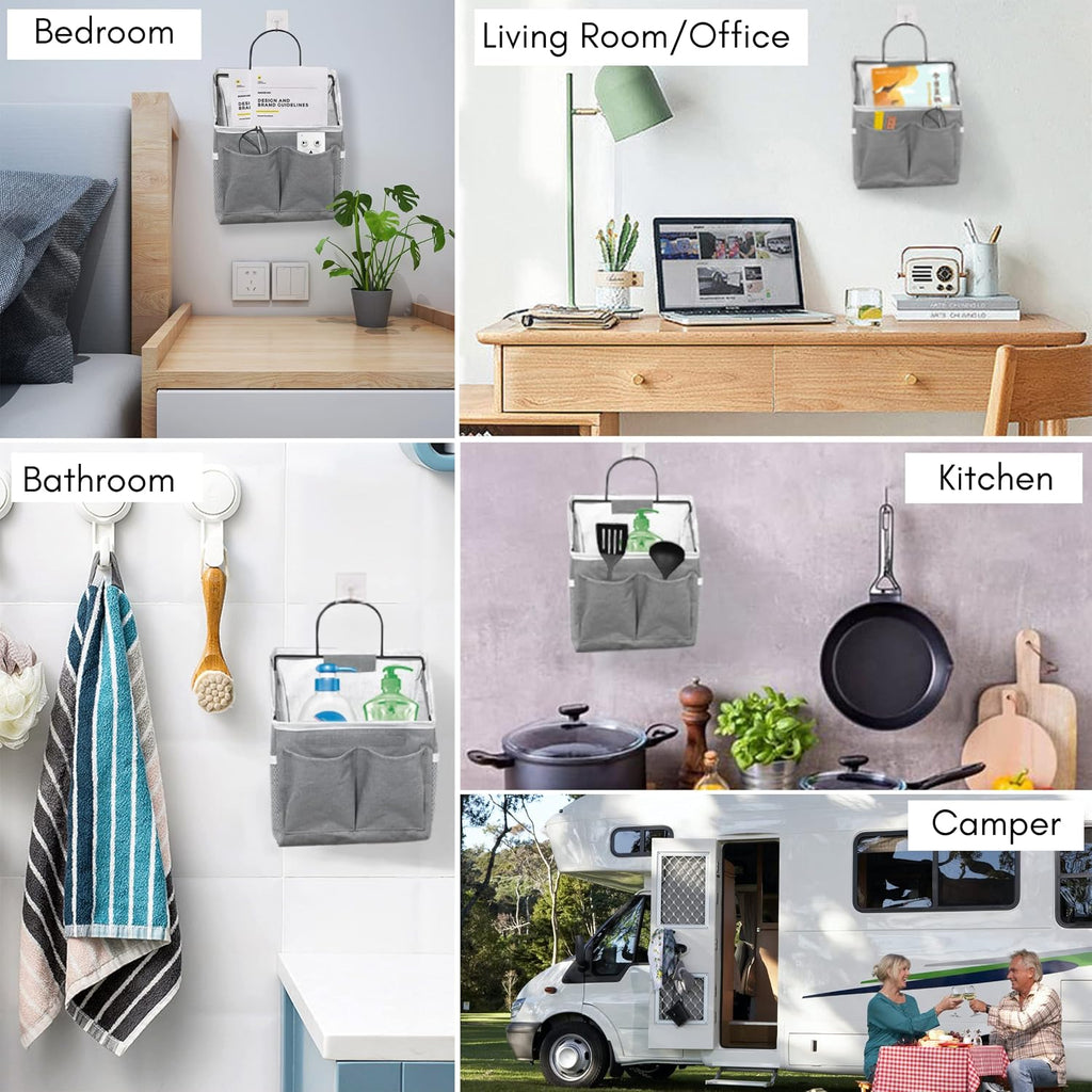 Kanrichu 3pcs Wall Hanging Organizer Bag, Linen Fabric Door Hanging Storage Basket with Pockets, Waterproof Bin for Kitchen, Bedroom, Office, RV Camper (Gray)