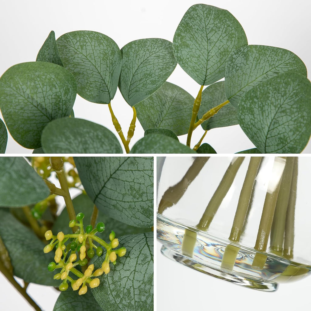 DILATATA Artificial Eucalyptus Stems in Glass Vase with Faux Water, 13" Fake Plant Eucalyptus Leaves Greenery for Table Centerpiece Office Home Decor - Clear
