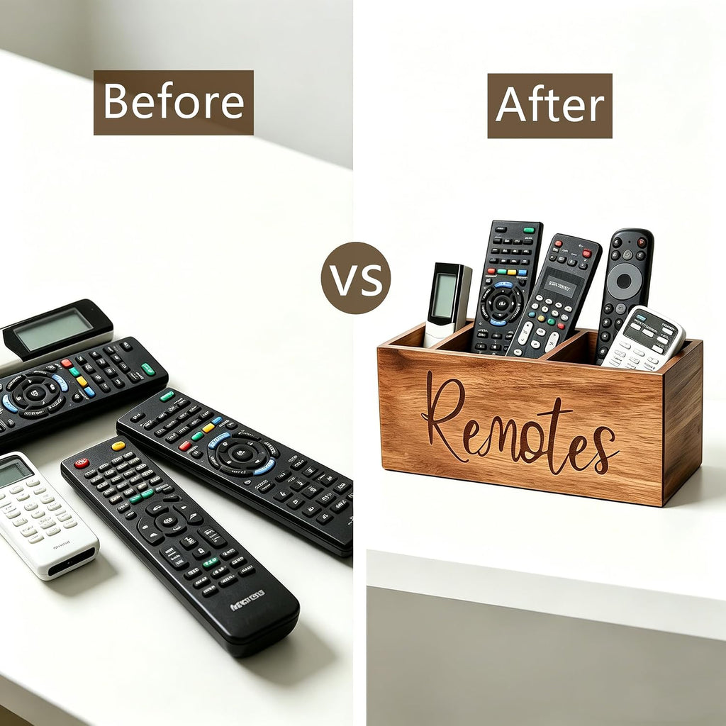 Remote Control Holder, Farmhouse Wood TV Organizer for Table, Wooden Remote Control Organizer, Remote Storage Caddy, Remote Control Organizer (Brown, 9.8 Inch Labeled Remote)