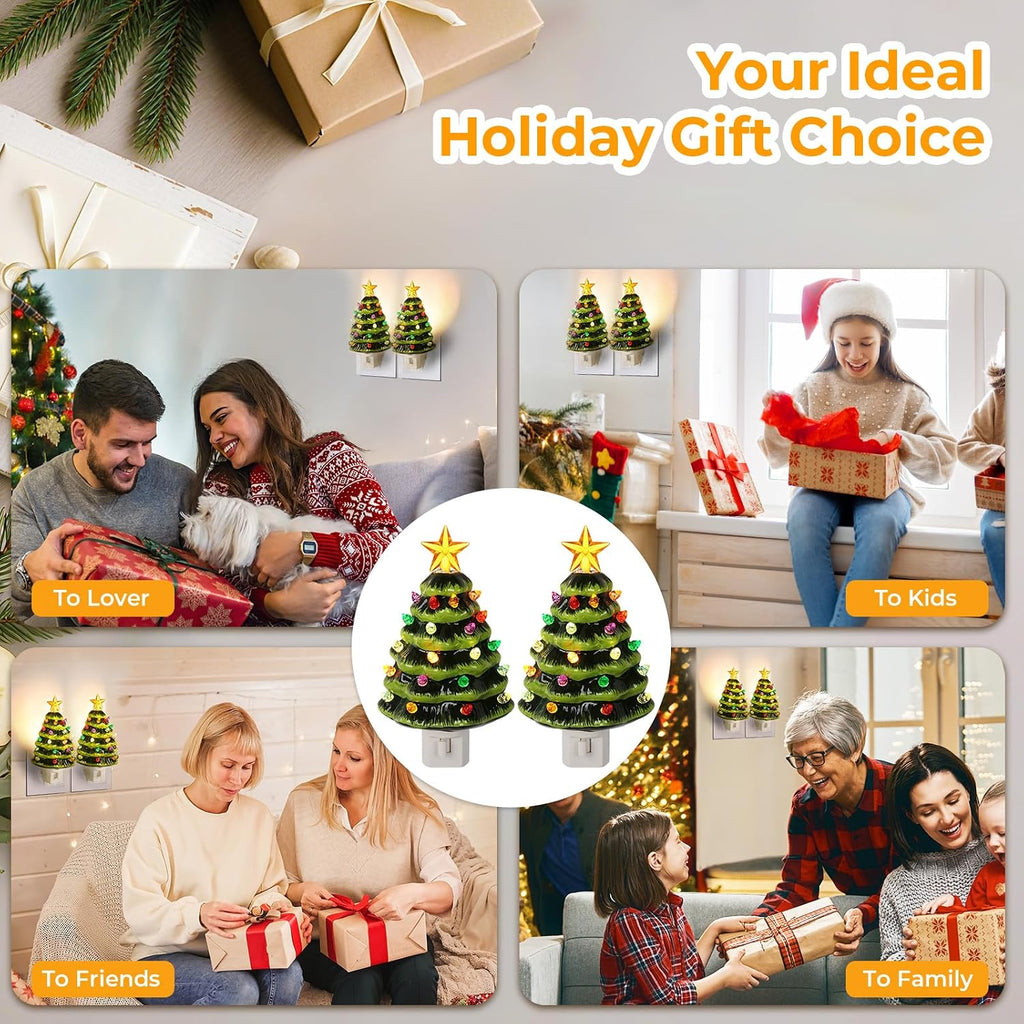 Brightever Ceramic Christmas Tree Night Lights, 2-Pack Plug-in 6" H Vintage Christmas Wall Decor with Multicolor LED Bulbs, 360 Swivel Plug, On/Off Switch, Xmas Tree Nightlight for Bathroom, Bedroom