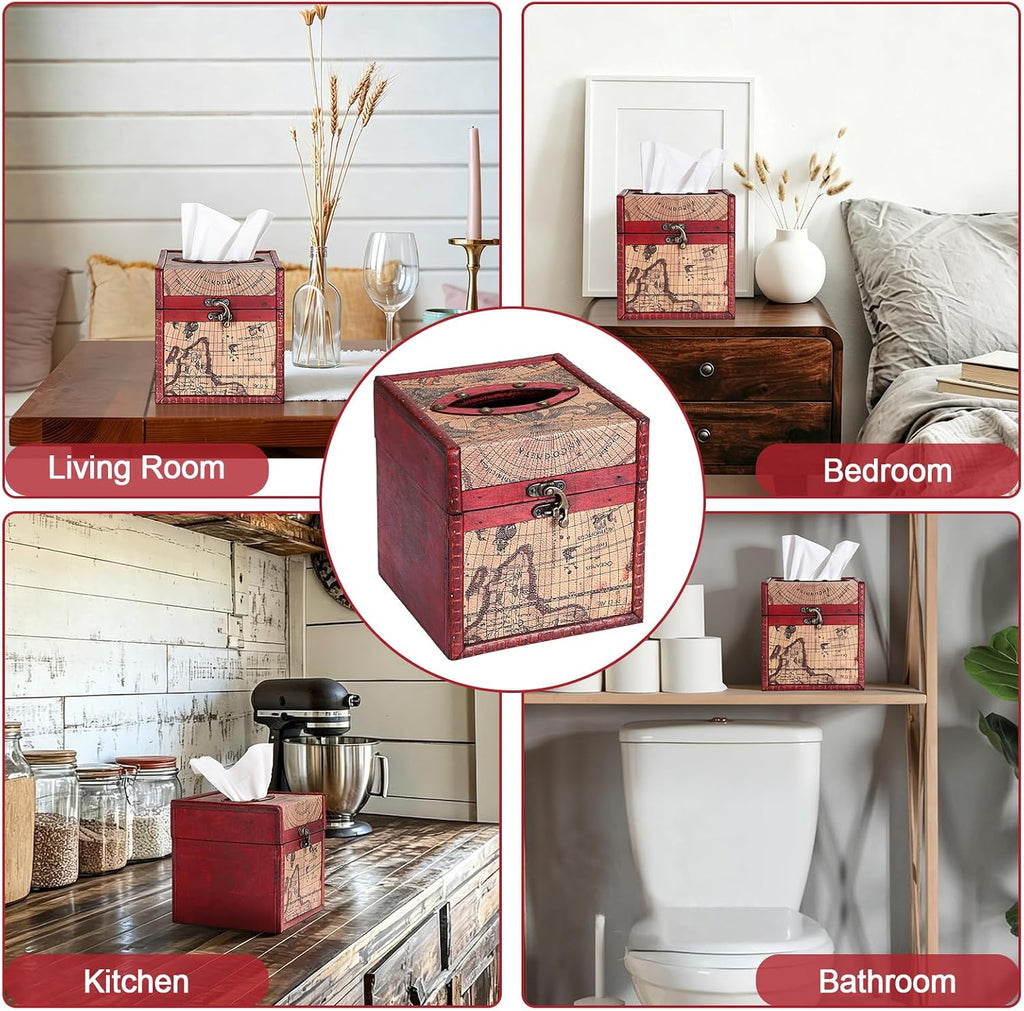 Sumnacon Wood Tissue Box Cover Square, Vintage Retro Tissue Holder, Red
