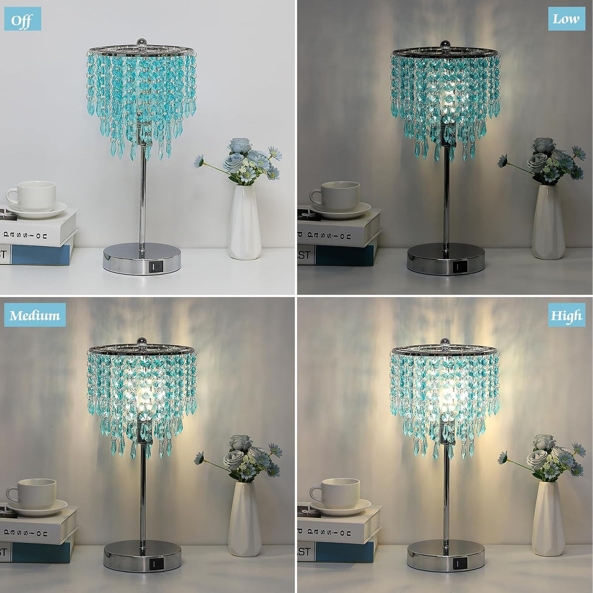 Touch Control Crystal Table Lamp, 3-Way Dimmable Lamp with USB A+C Ports