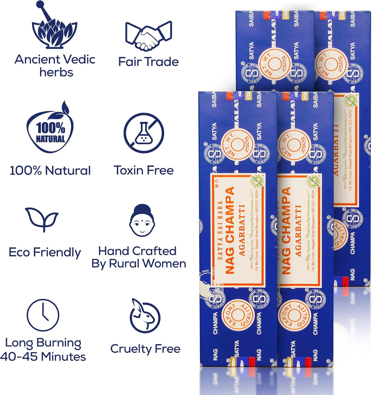 Satya Nag Champa Incense Sticks Bangalore- 250gm x 4 Pack (1000gm) Bundle Natural Hand Rolled Non-Toxic Nagchampa BNG Insense Set with Raajsee Insence Stick Holder for Meditation, Yoga & Joss Sticks