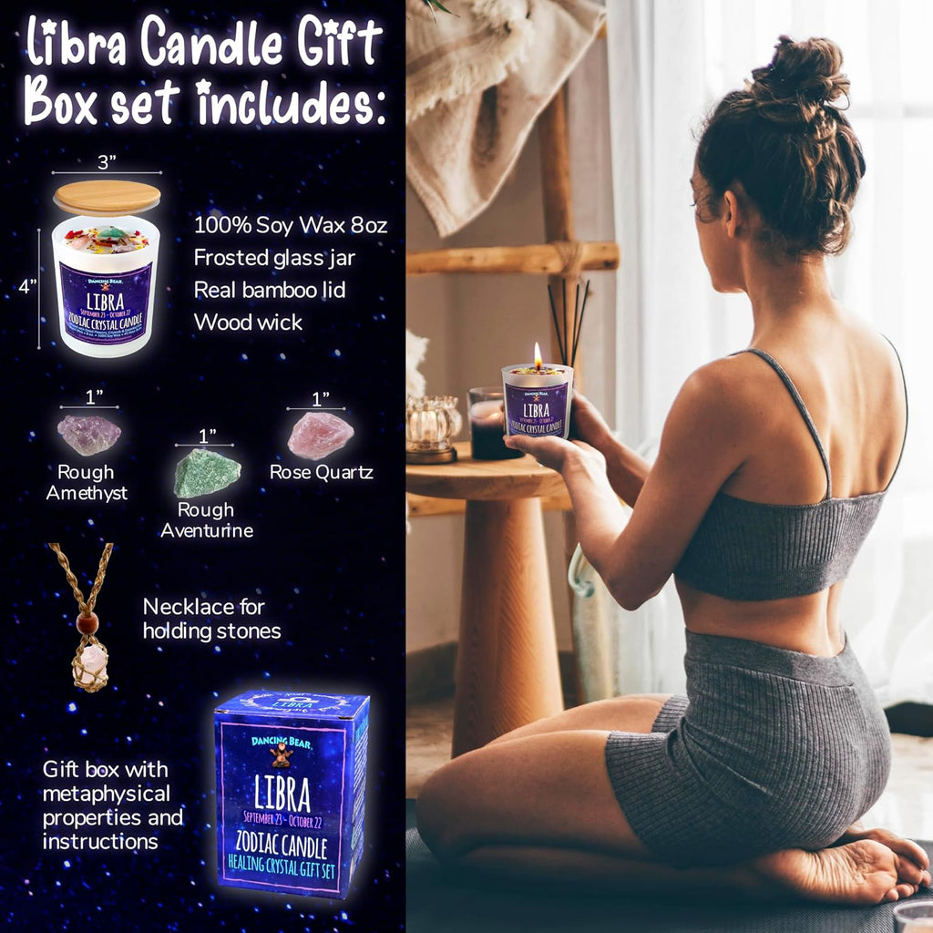 DANCING BEAR Libra Zodiac Candle Gift Box Set with 3 Healing Crystals & Stone Holder Necklace, 100% Soy Scented Wax, Crackling Wood Wick, 45 Hour Burn Time