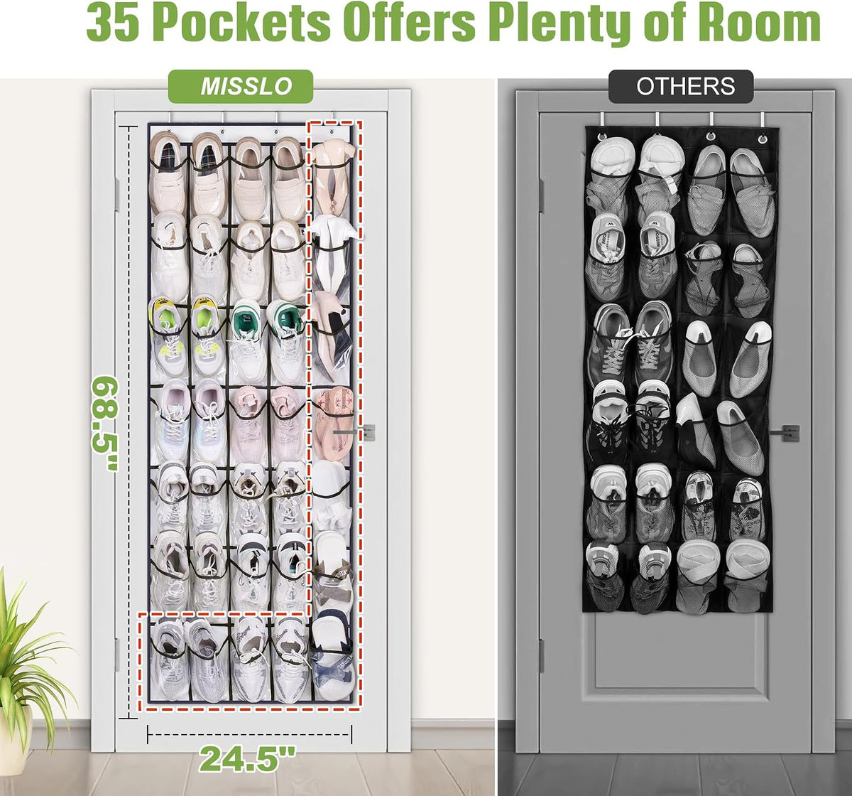 MISSLO 35 Clear Large Pockets Over The Door Shoe Organizer Sturdy Oxford Fabric Hanging Shoe Rack