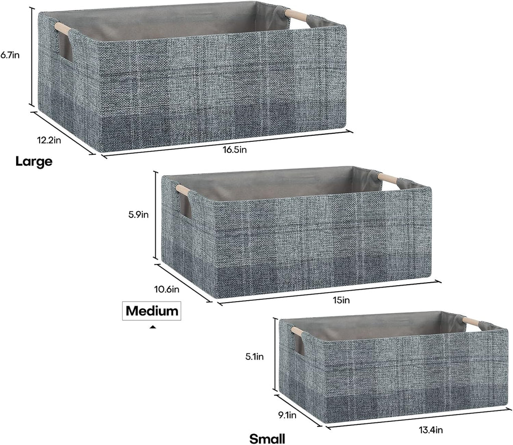 Fabric Storage Box, 15x11in Foldable Cotton Linen Basket with Wooden Handle