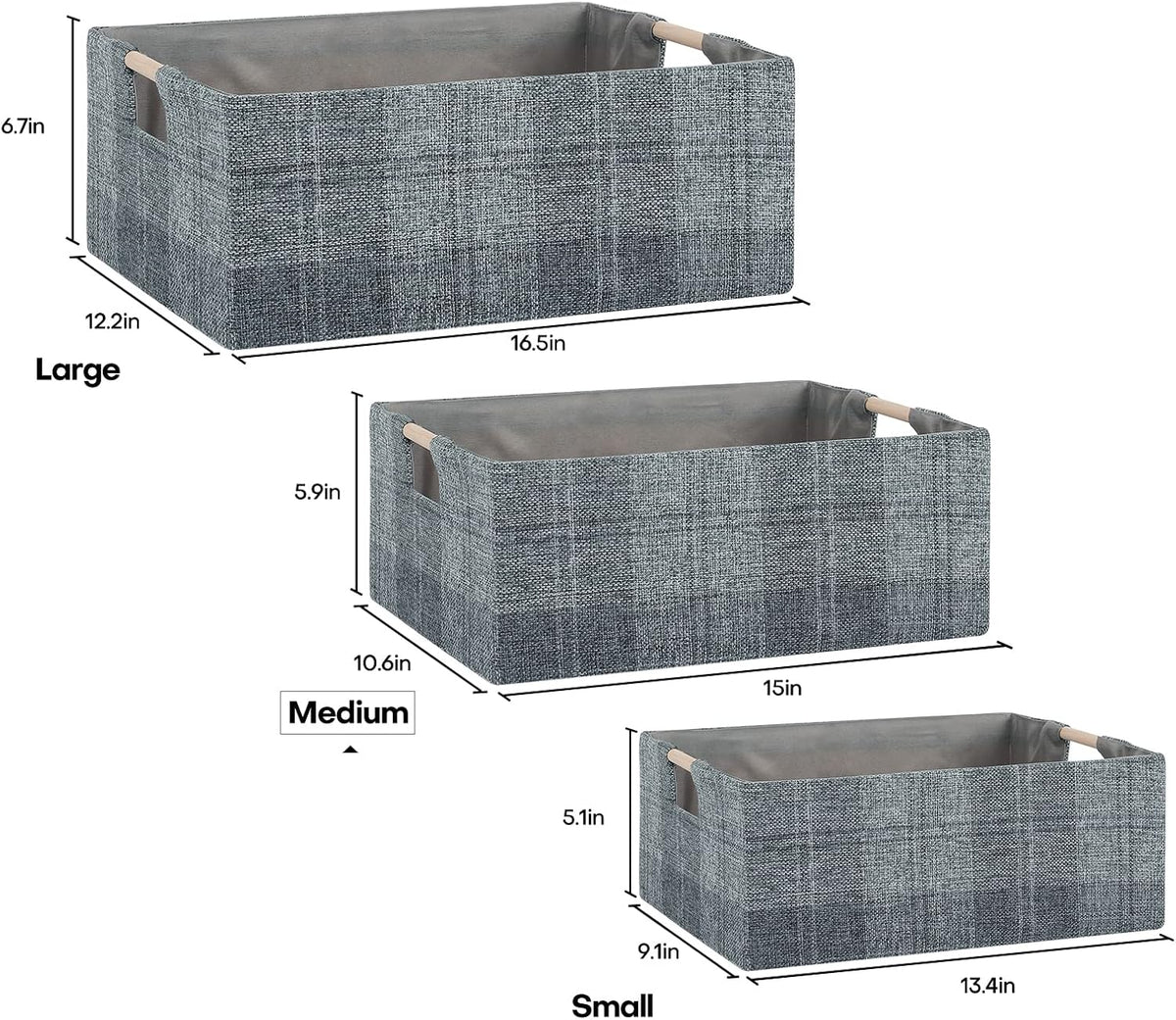 Fabric Storage Box, 15x11in Foldable Cotton Linen Basket with Wooden Handle