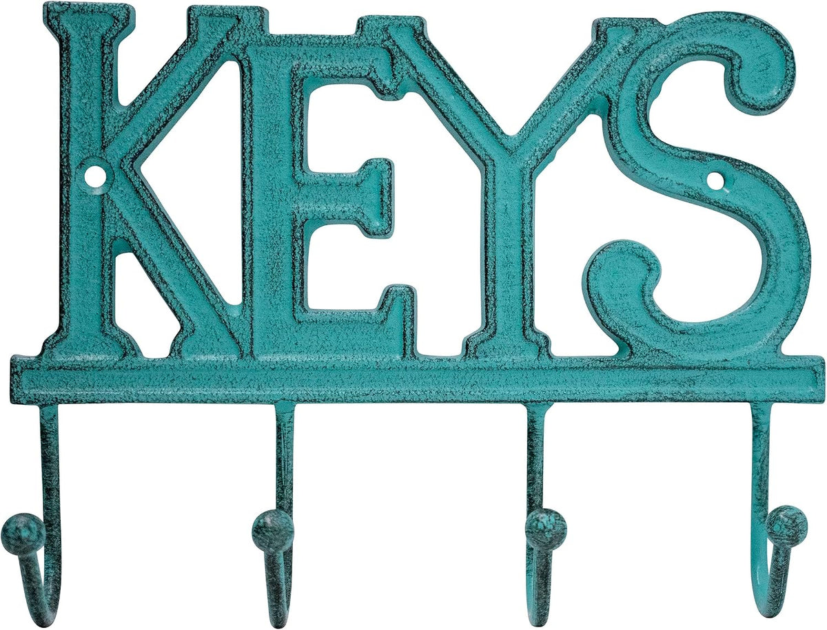 Stephanie Imports Rustic Cast Iron Keys Holder with 4 Key Hooks for Wall Mount (Weathered Teal)